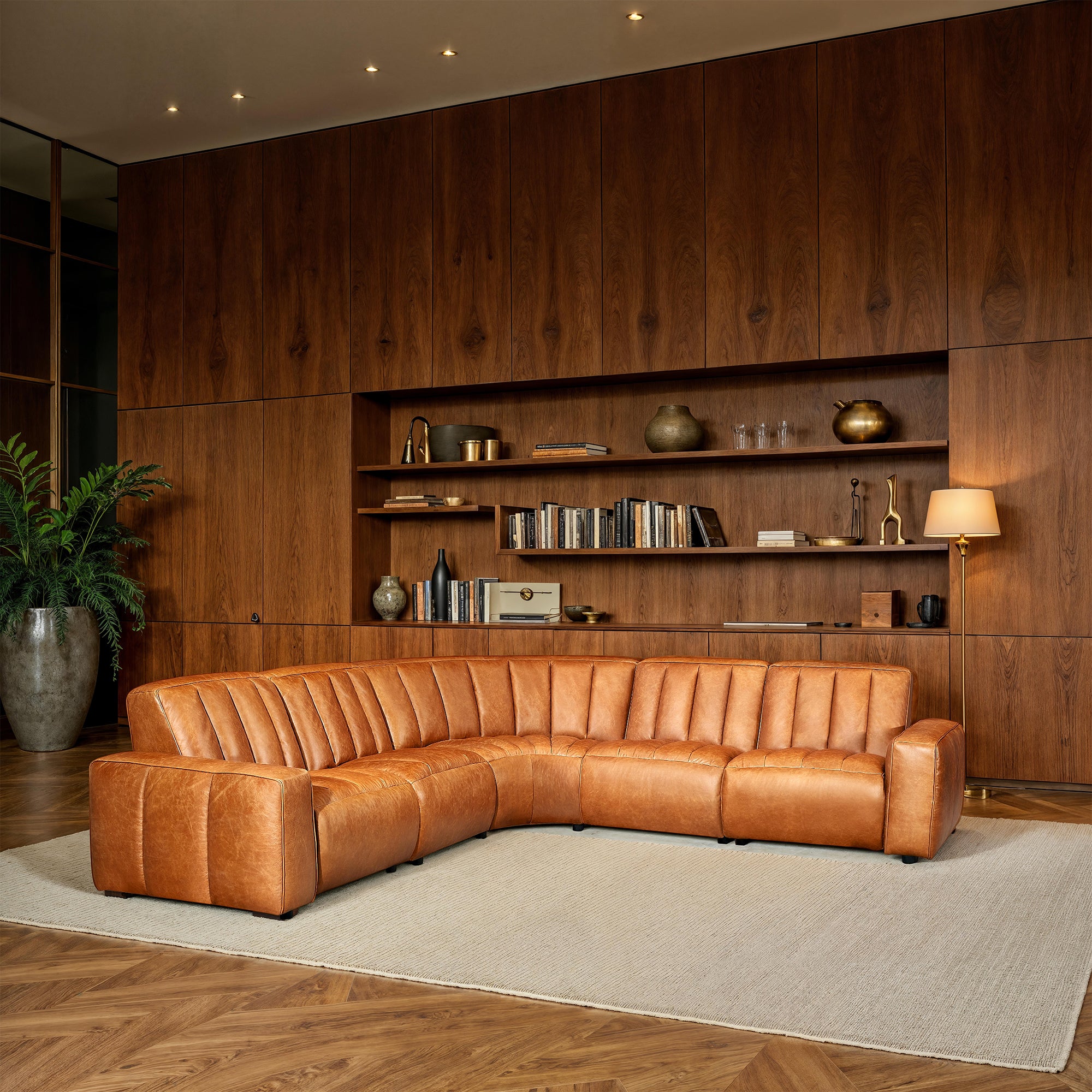 Lomond 5 Seat Corner Leather Sofa with 4 Electric Recliners, Caramel