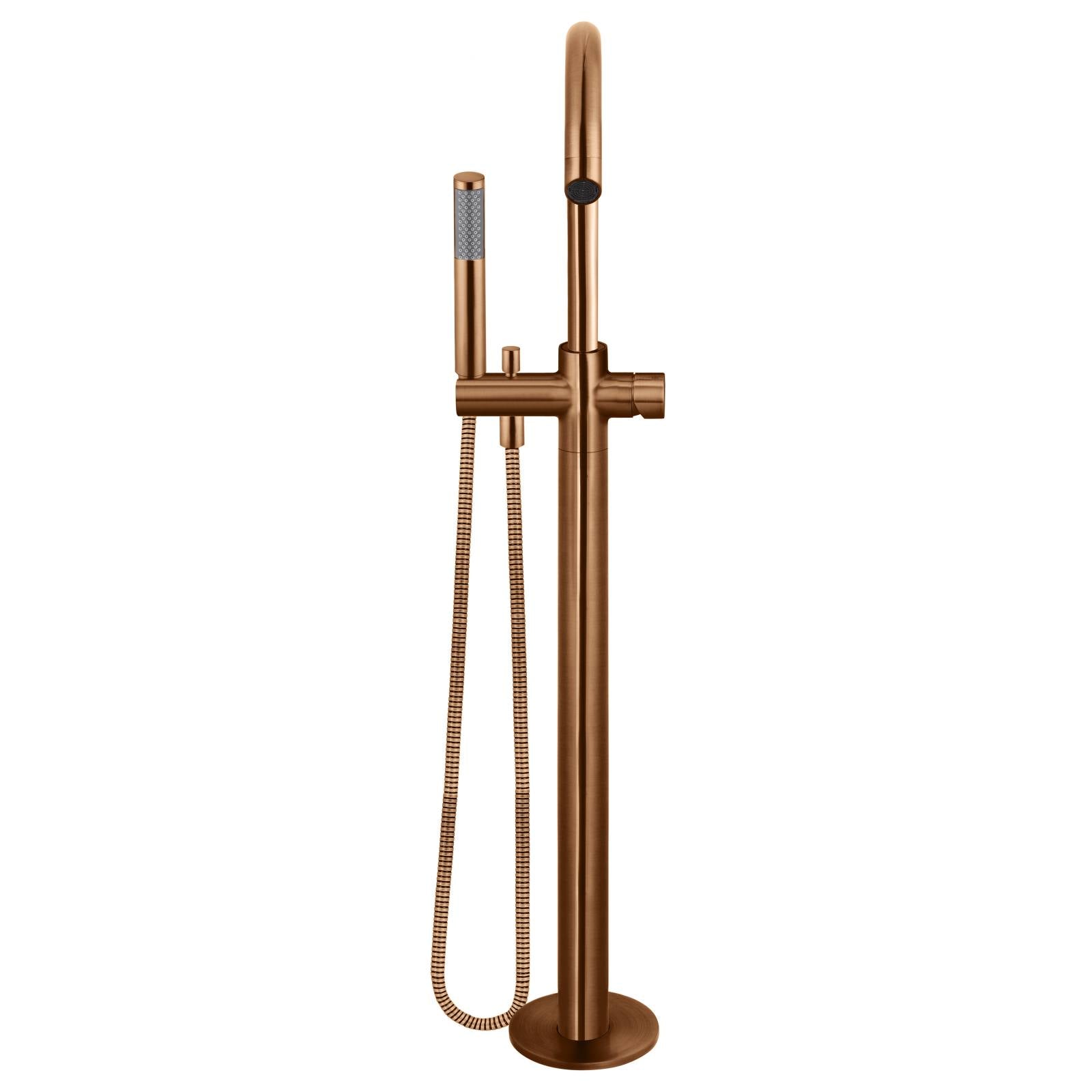 Round Pinless Freestanding Bath Spout & Hand Shower, Lustre Bronze