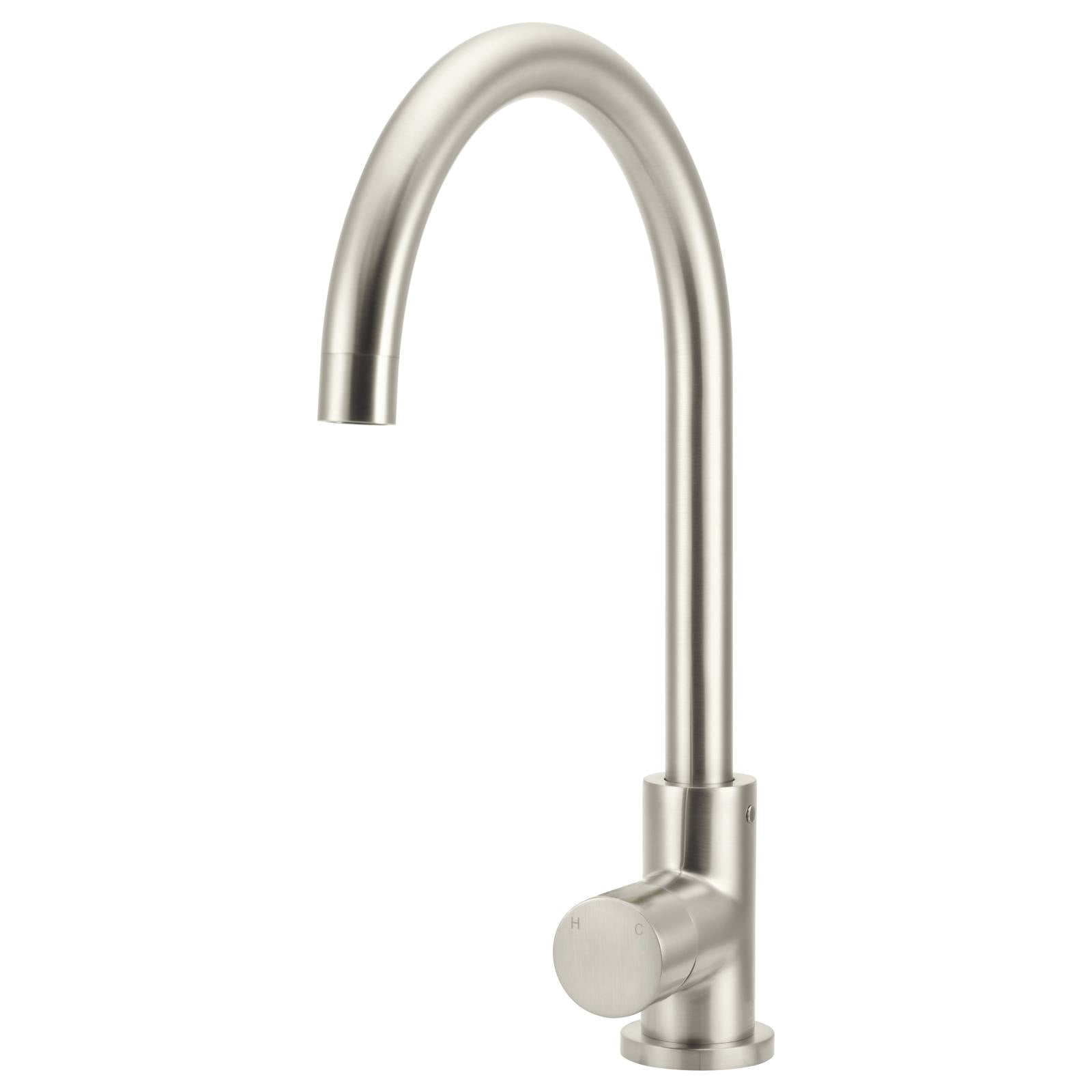 Round Gooseneck Kitchen Mixer w Pinless Handle, PVD Brushed Nickel