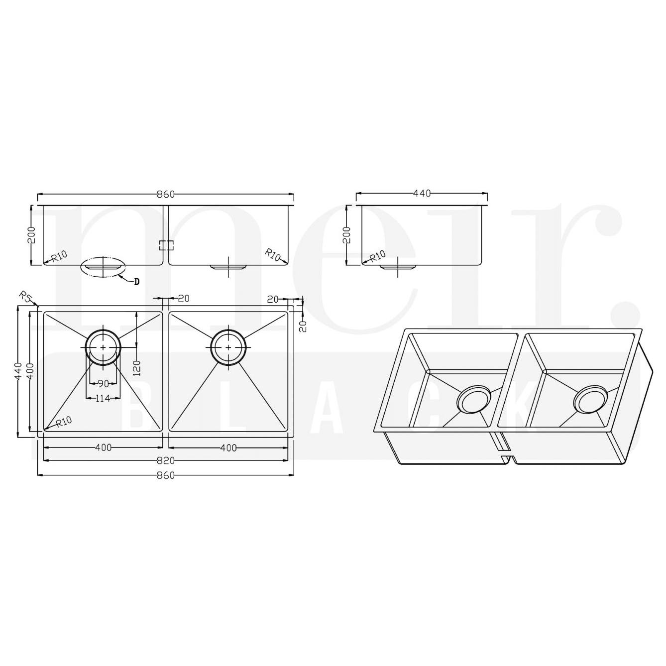 Double Bowl 860 x 440, Gunmetal Black