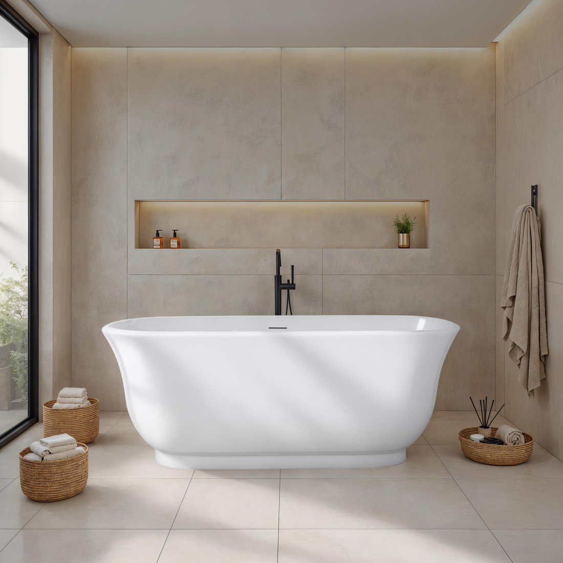 Marietta 150cm Freestanding Acrylic White Bath w/ White Overflow & Waste