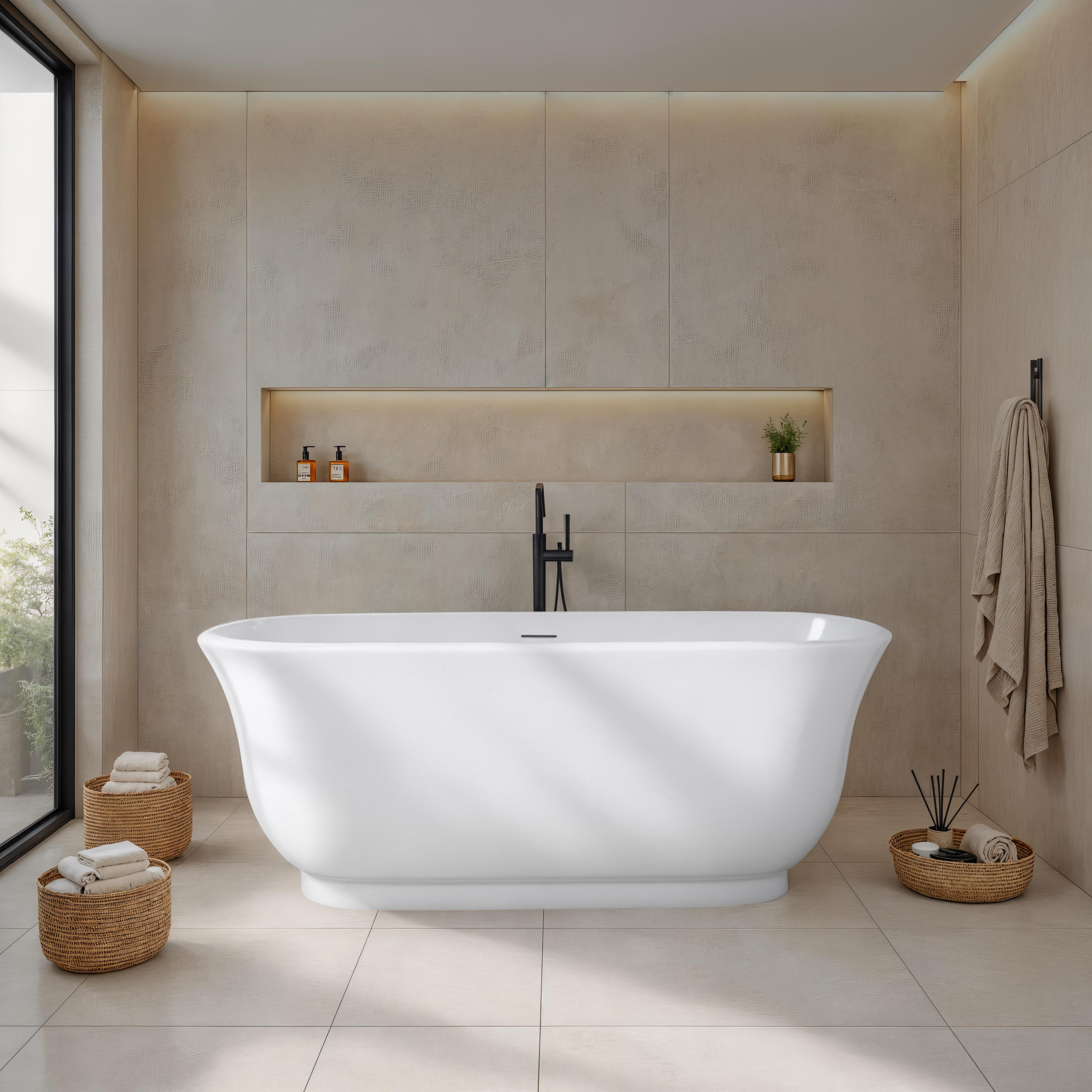 Marietta 150cm Freestanding Acrylic White Bath w/ White Overflow & Waste