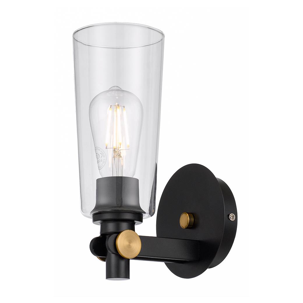 Delmar Wall Lamp, Black, Antique Gold, Clear Glass