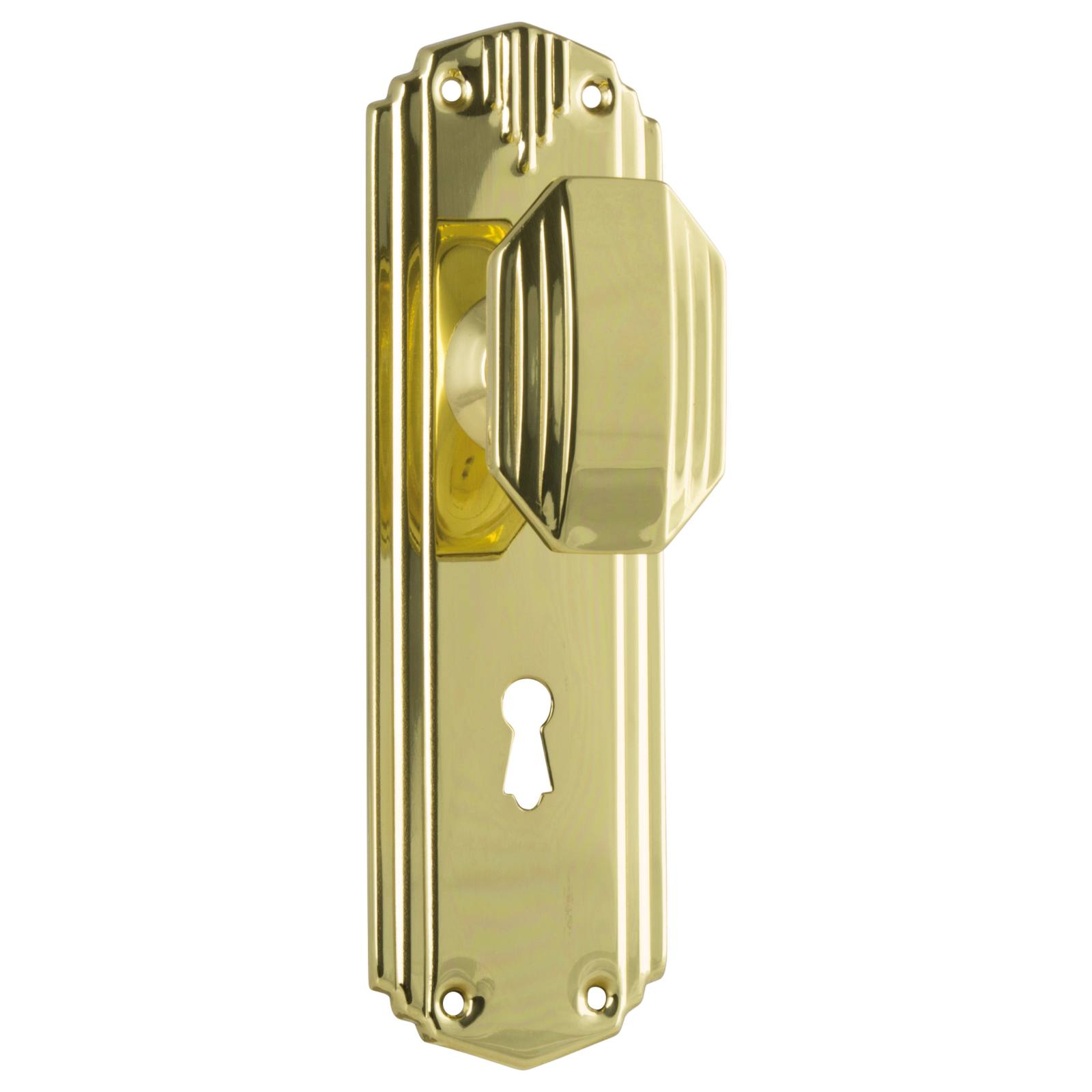 Art Deco Knob Lock Set, Polished Brass