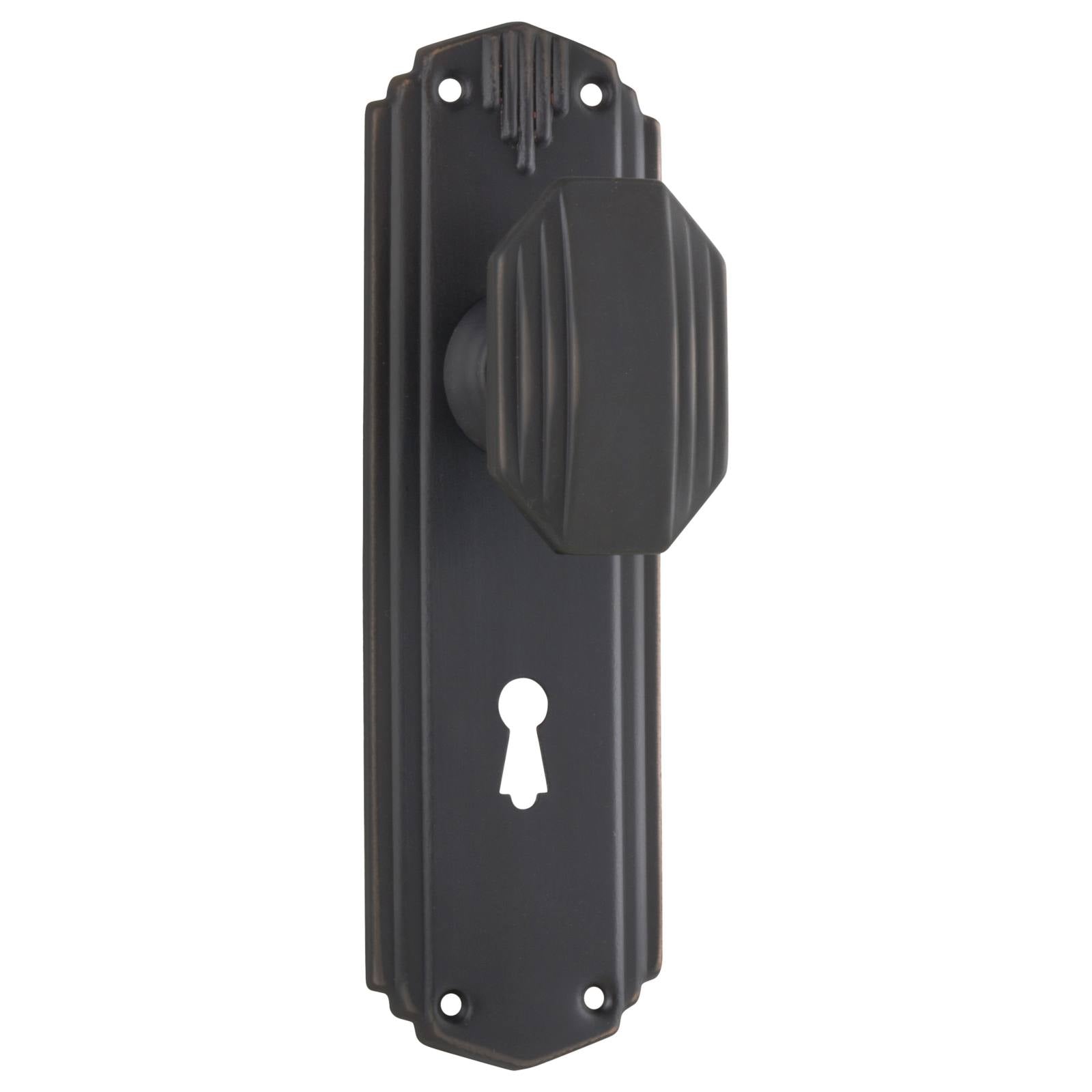 Art Deco Knob Lock Set, Antique Copper