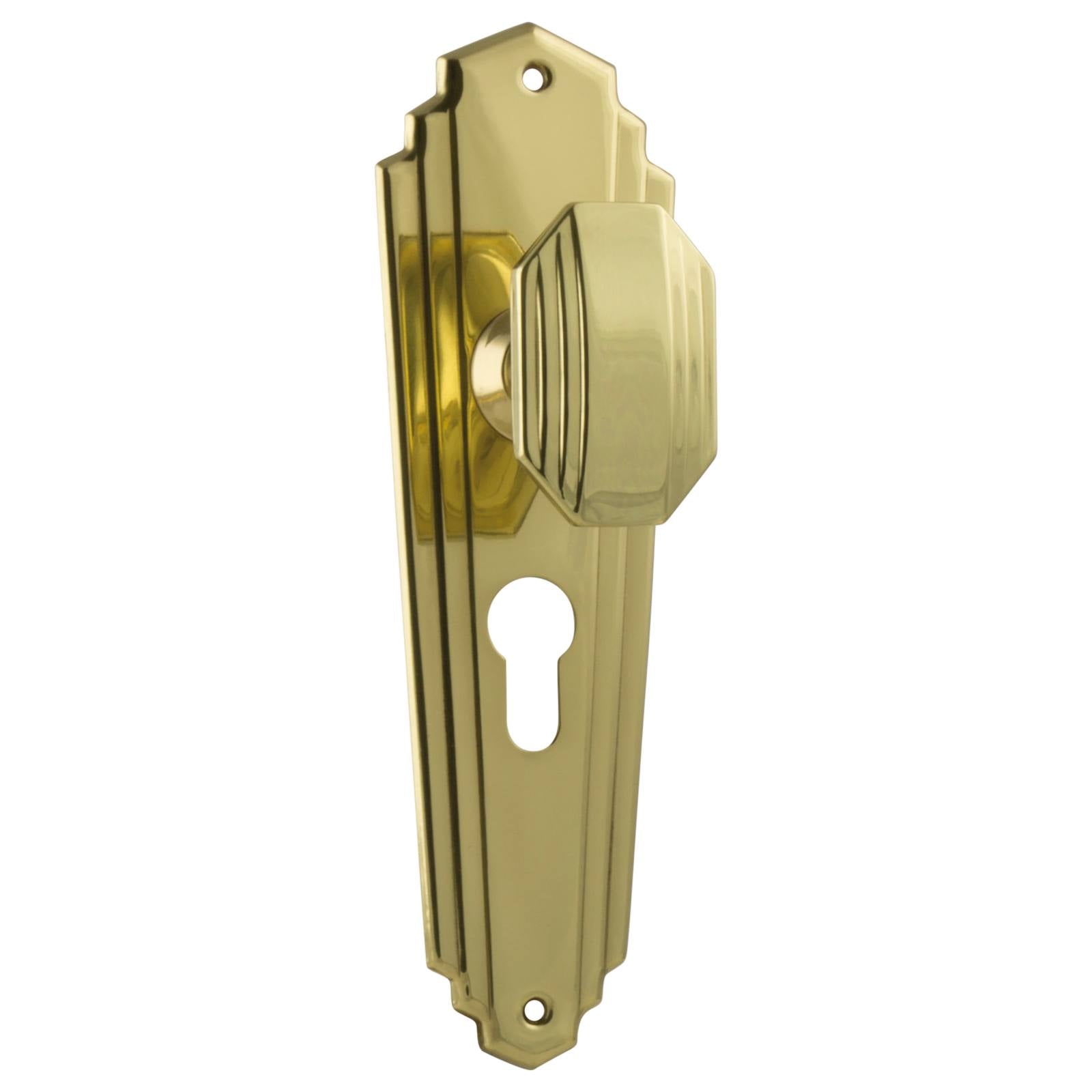 Original Art Deco Euro Knob Set, Polished Brass