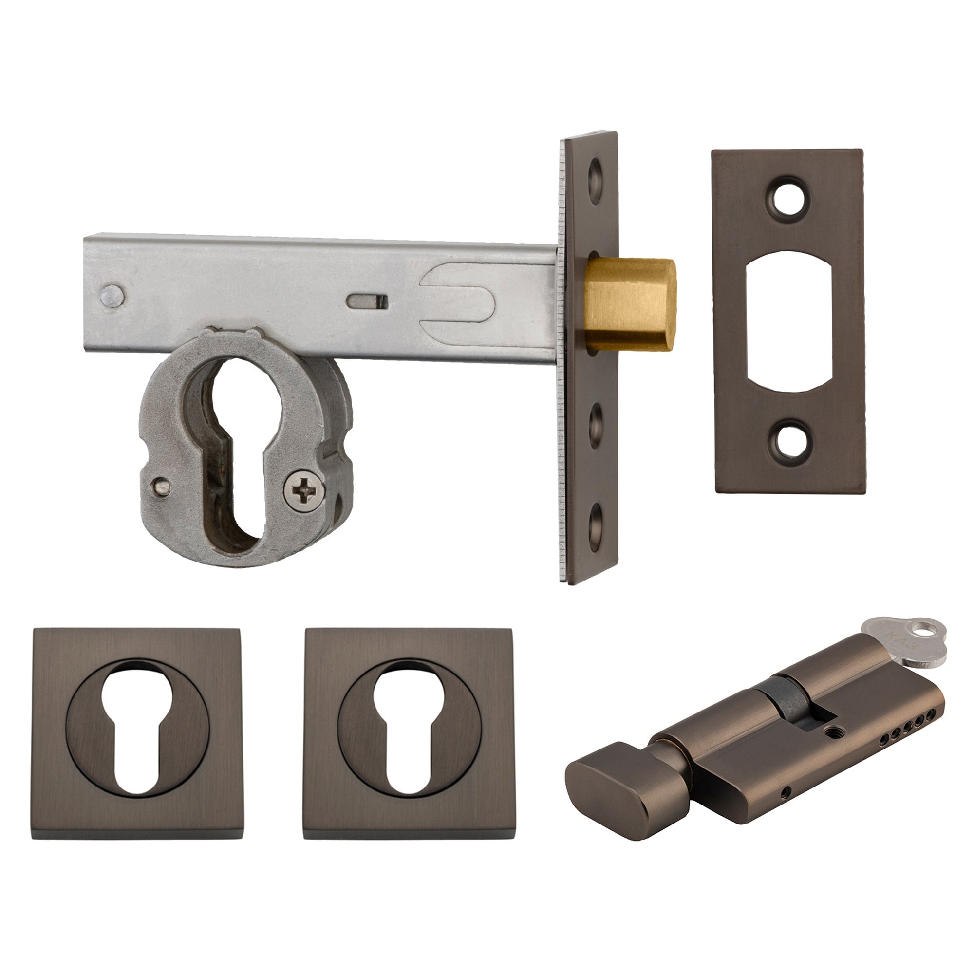 Mortice Deadbolt Euro Backset 60mm Key/Thumb Escutcheon Square Kit, Signature Brass