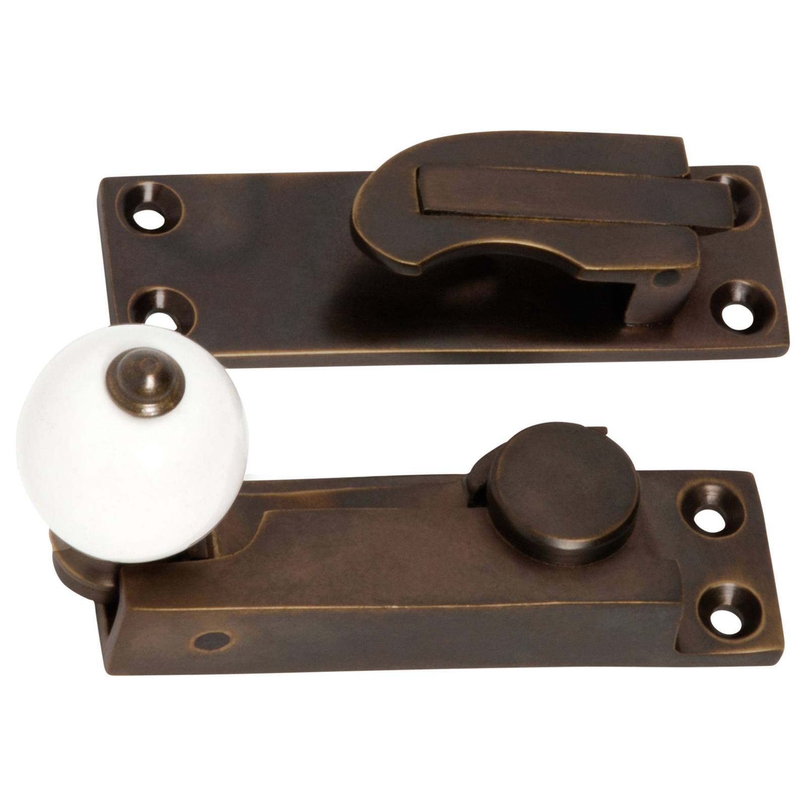 Porcelain Ball Sash Fastener, Antique Brass