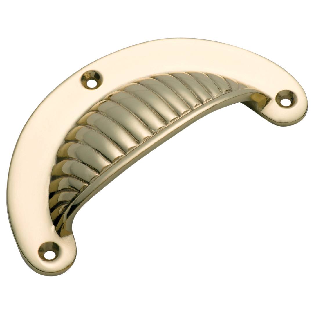 Cast Ribbed Semicircle Drawer Pull, Polished Brass