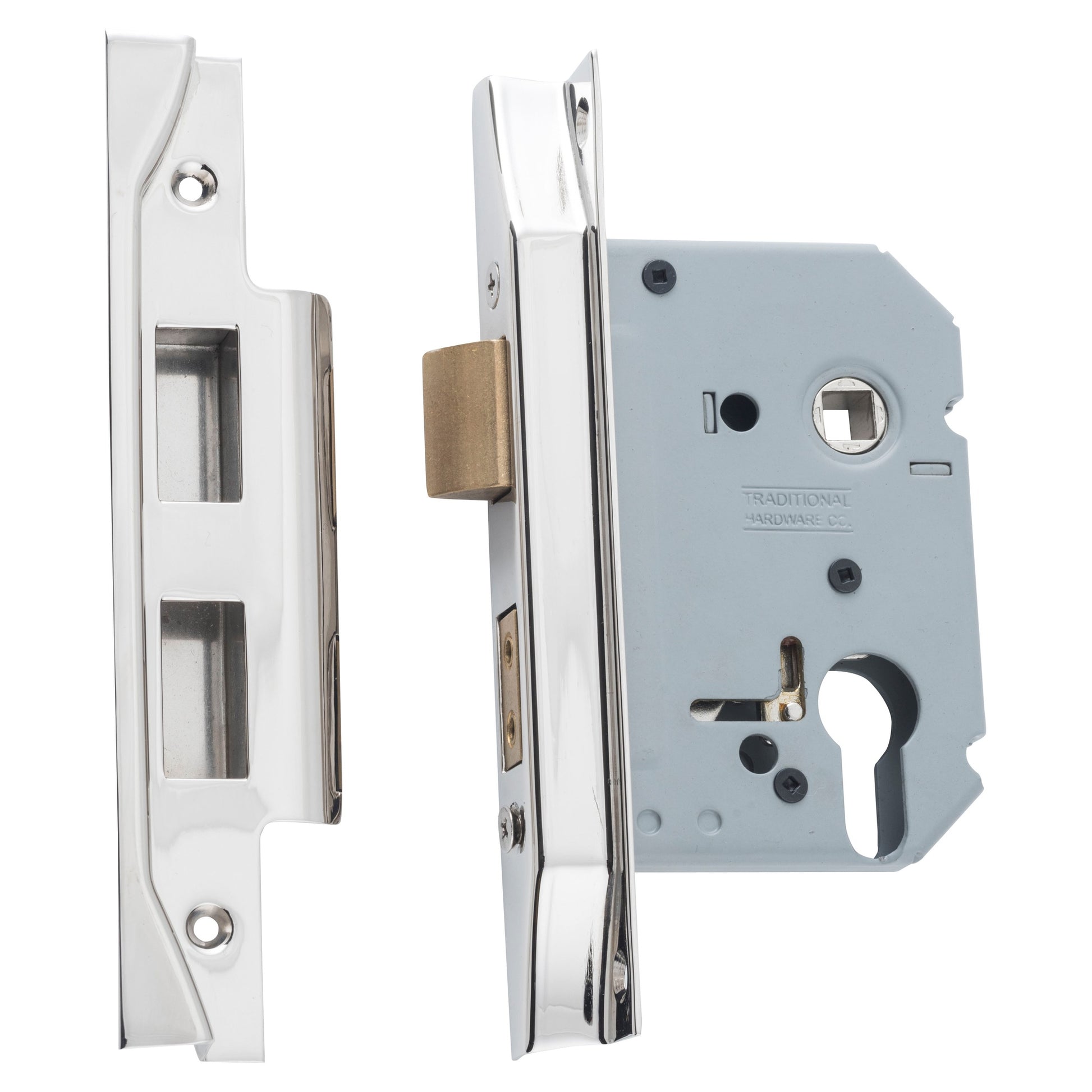 Mortice Lock Euro Rebated PN CTC47.5mm BS57mm, Polished Nickel