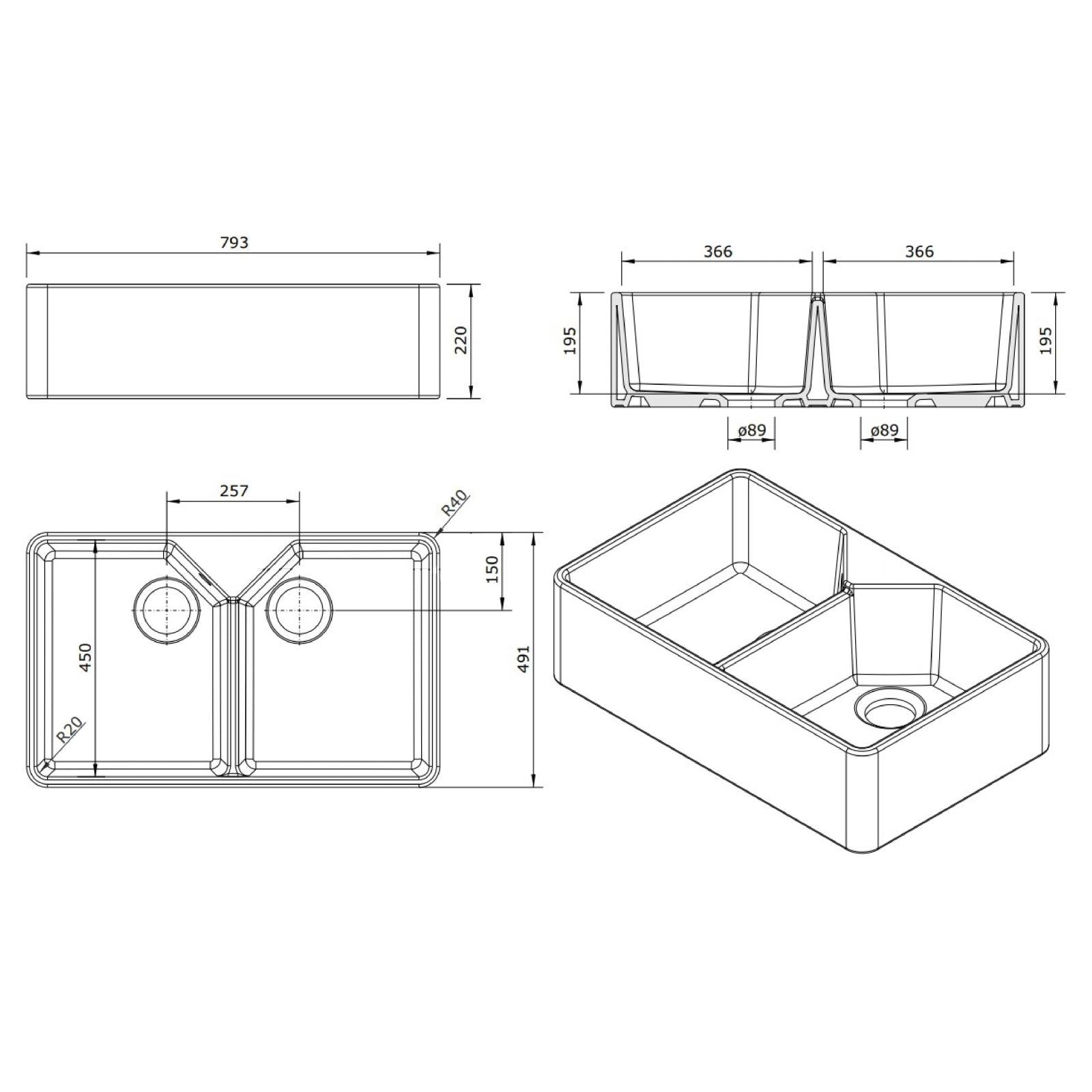 Turner Hastings Chester 80x50cm Double Fireclay Sink, White