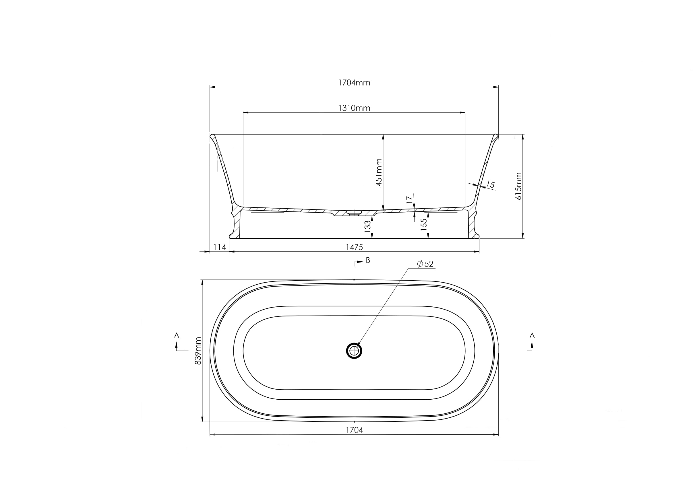 Claremont 170x84cm Magnacast Free Standing Bath, Matte White