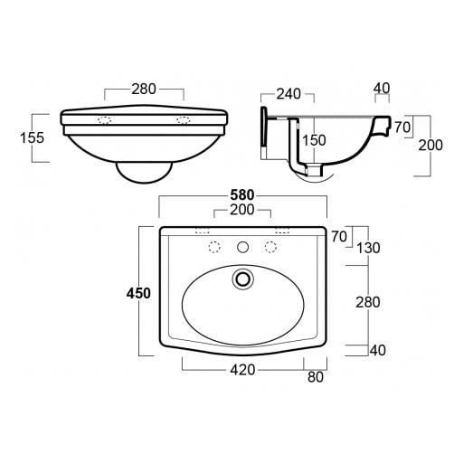 Turner Hastings Claremont 58x45cm Wall Hung Basin (w/ 3 Tap Hole), White