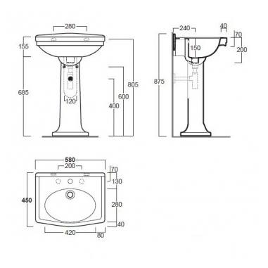 Turner Hastings Claremont 58x45cm Fireclay Basin & Pedestal (w/ 3 Tap Hole), White