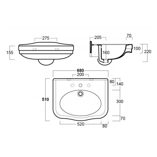 Turner Hastings Claremont 68x51cm Wall Hung Basin (w/ 3 Tap Hole), White