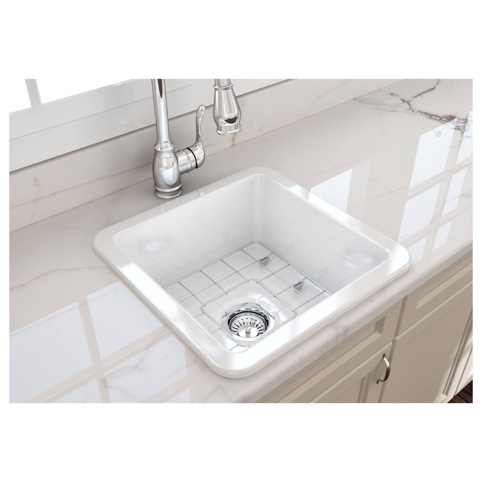Cuisine 46x46cm Inset Undermount Fine Fireclay Sink, Gloss White