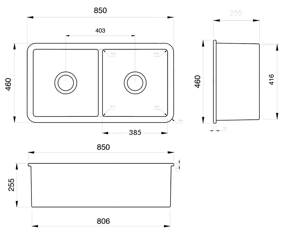 Cuisine 85x46cm Double Inset Undermount Fine Fireclay Sink, Gloss White