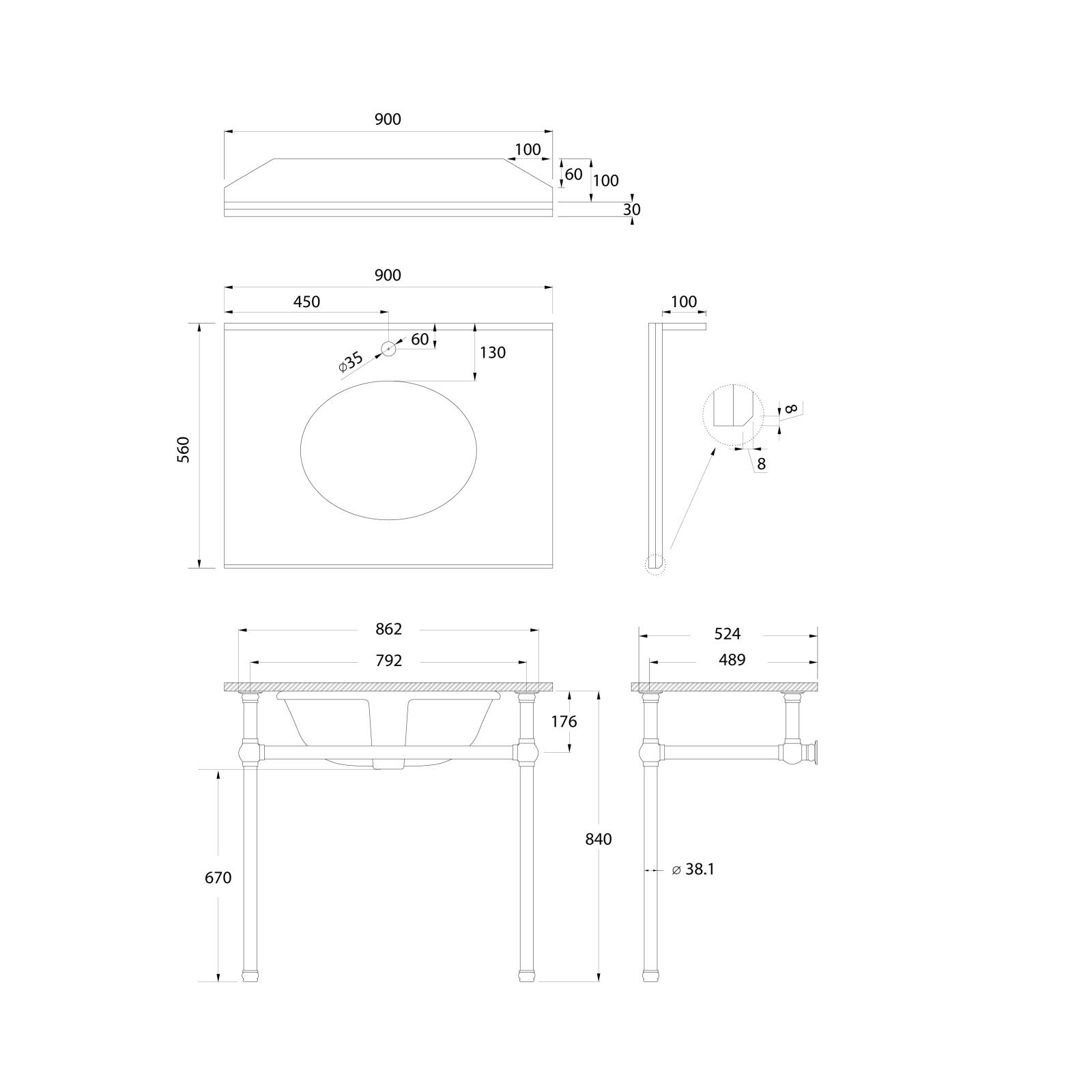 Turner Hastings Mayer Marble Top 90x55cm 3 Tap Hole Basin Stand, Brushed Nickel