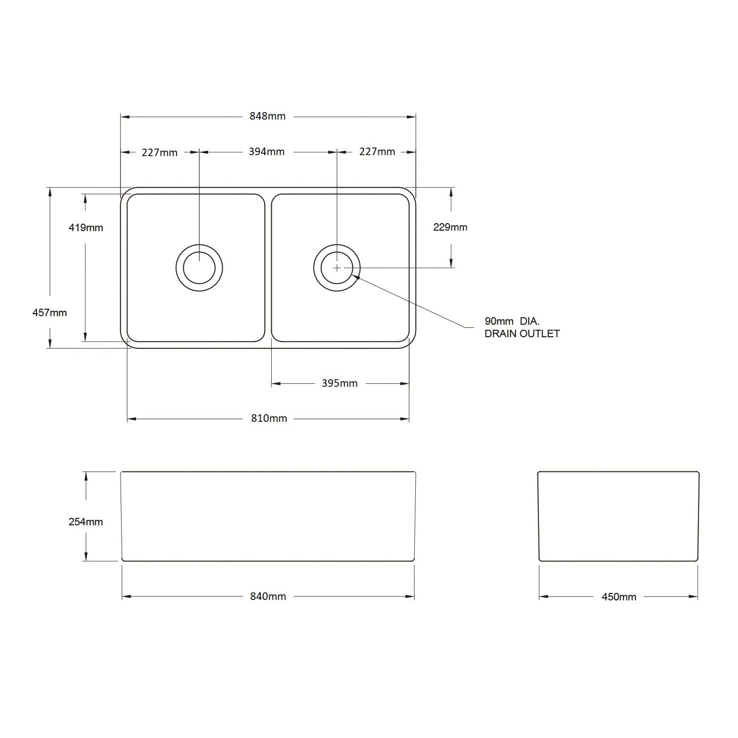 Turner Hastings Novi 85X46cm Fireclay Double Bowl Fine Sink, Matte Black
