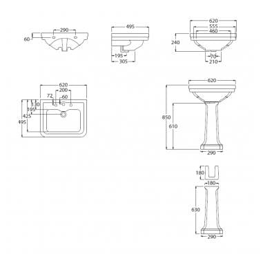 Turner Hastings Stafford 60x50cm Basin & Pedestal (w/ 1 Tap Hole), White