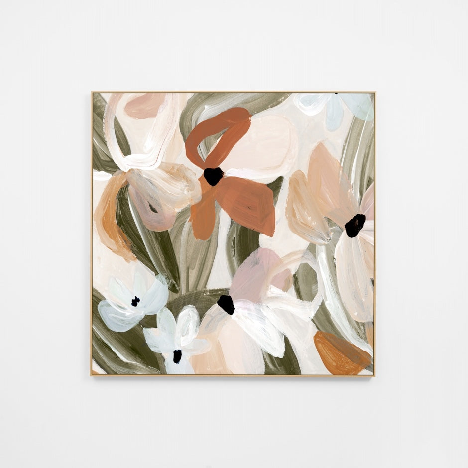 WARABSDAKC6G_Abstract Daisies Khaki Canvas 110 x 110cm, Black Smooth Synthetic Frame