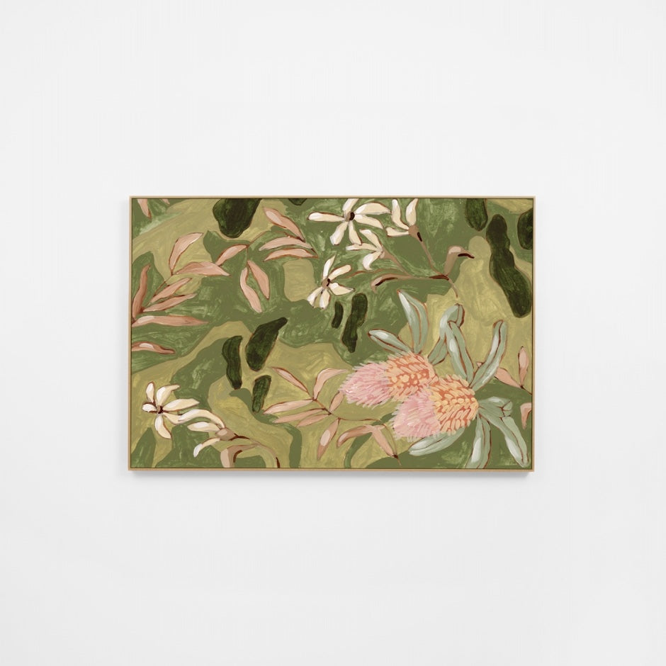 WARAUSWG1R1G_Australian Wildflowers Green 1 Canvas 40 x 60cm, Black Smooth Synthetic Frame