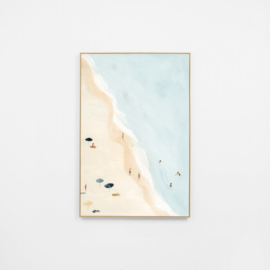 WARBONBEBR5Z_Bondi Beachgoers Blue Canvas 80 x 120cm, Premium Light Timber Veneer Frame