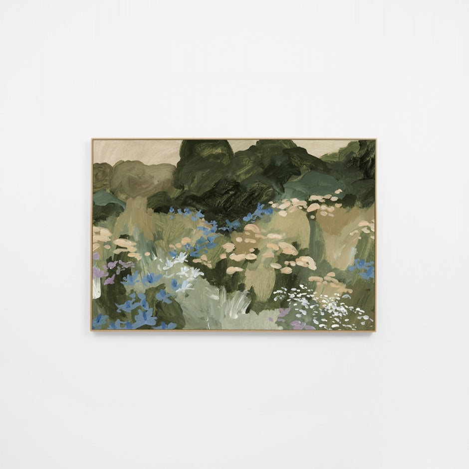 WARMEAFBRR5F_Meadow Flora Blue Rectangle Canvas 120 x 80cm, White Smooth Synthetic Frame