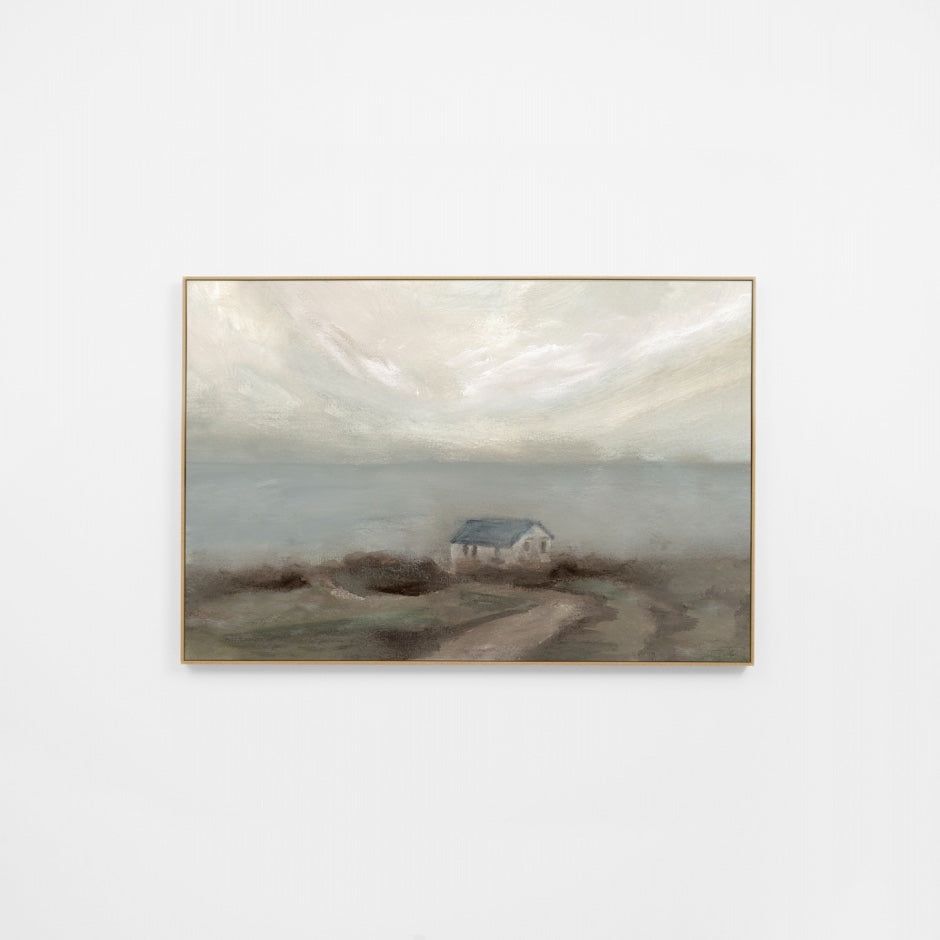 WARMISCLHR1G_Misty Cottage Landscape Haze Canvas 60 x 40cm, Black Smooth Synthetic Frame