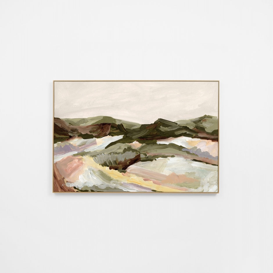 WARMOUVIPR2H_Mountainscape View Pastel Canvas 75 x 50cm, Light Timber-Look Synthetic Frame
