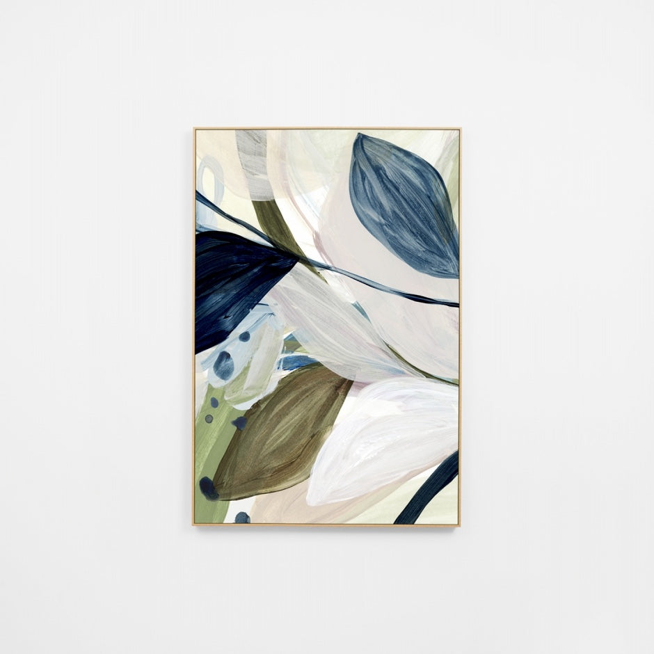 WARSPRLB2R5H_Spring Leaves Blue 2 Canvas 80 x 120cm, Light Timber-Look Synthetic Frame