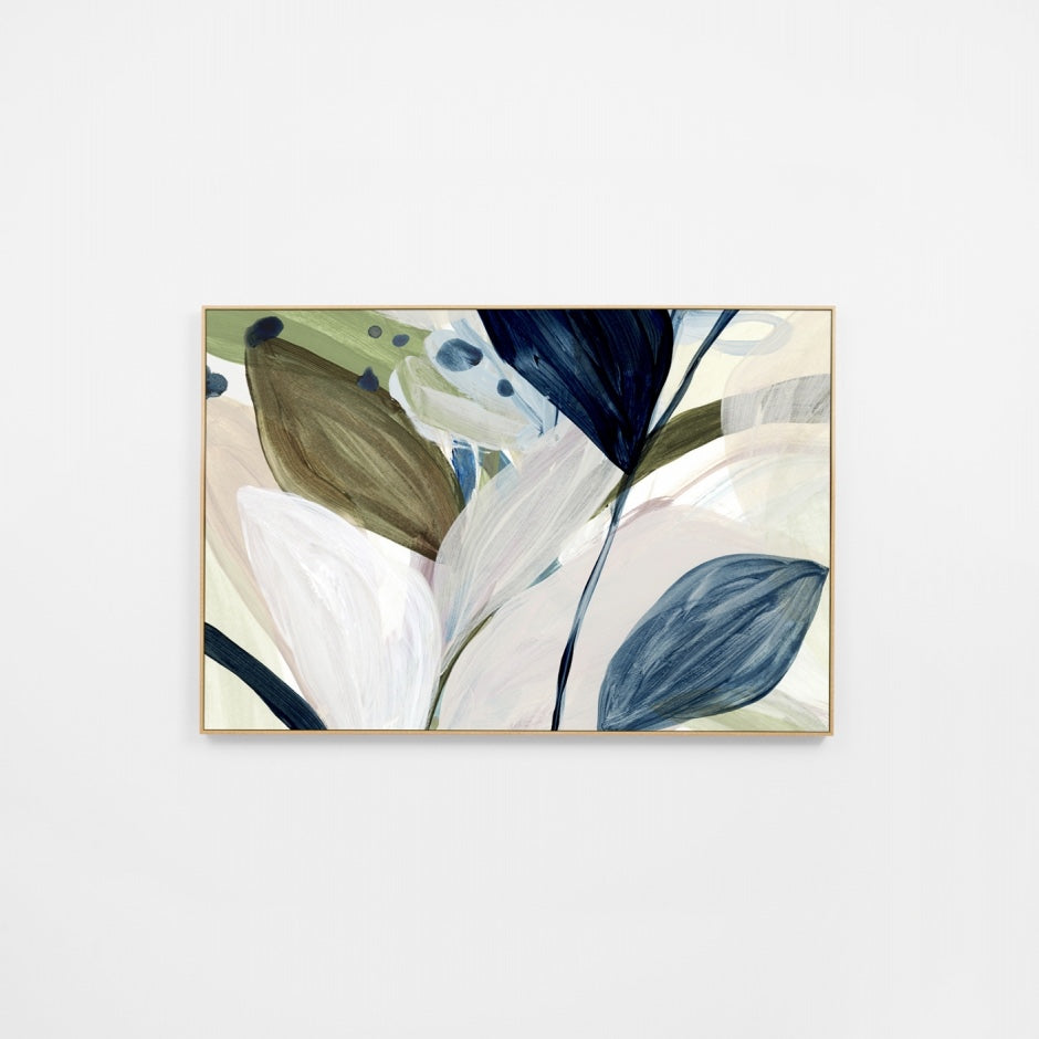 WARSPRLB2R5H_Spring Leaves Blue 2 Canvas 80 x 120cm, Light Timber-Look Synthetic Frame