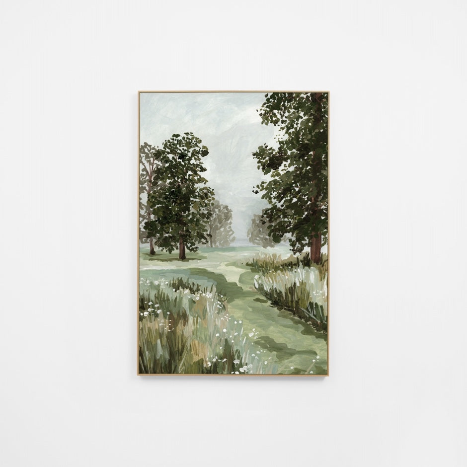 WARWOOHGRR7F_Woodland Haven Green Rectangle Canvas 100 x 150cm, White Smooth Synthetic Frame
