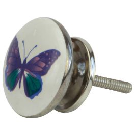 Cupboard Knob with Butterfly, Blue/Green on White