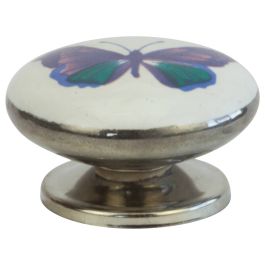 Cupboard Knob with Butterfly, Blue/Green on White