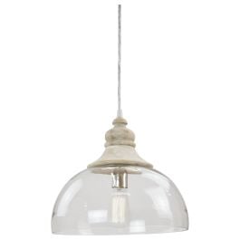 Hugo Clear Glass & Wood Pendant Light, Natural White Wash Timber