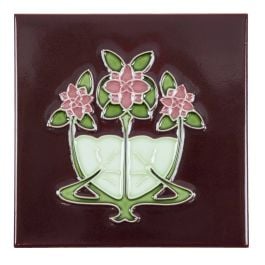 Floral 15.2 x 15.2cm Tile, Glazed Pink & Burgundy