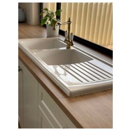 Turner Hastings Lusitano 120x50 Double Bowl w/ Drainer - 1TH RH Fireclay Drainer Inset Fireclay Sink, White