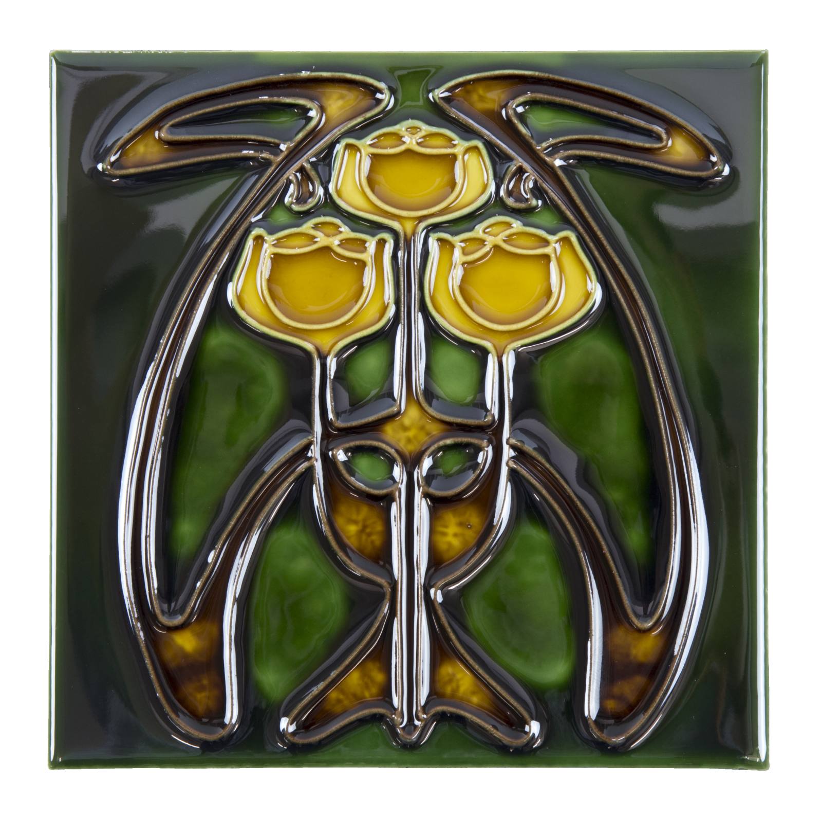 T44B Floral Tile 6x6, Yellow on Green