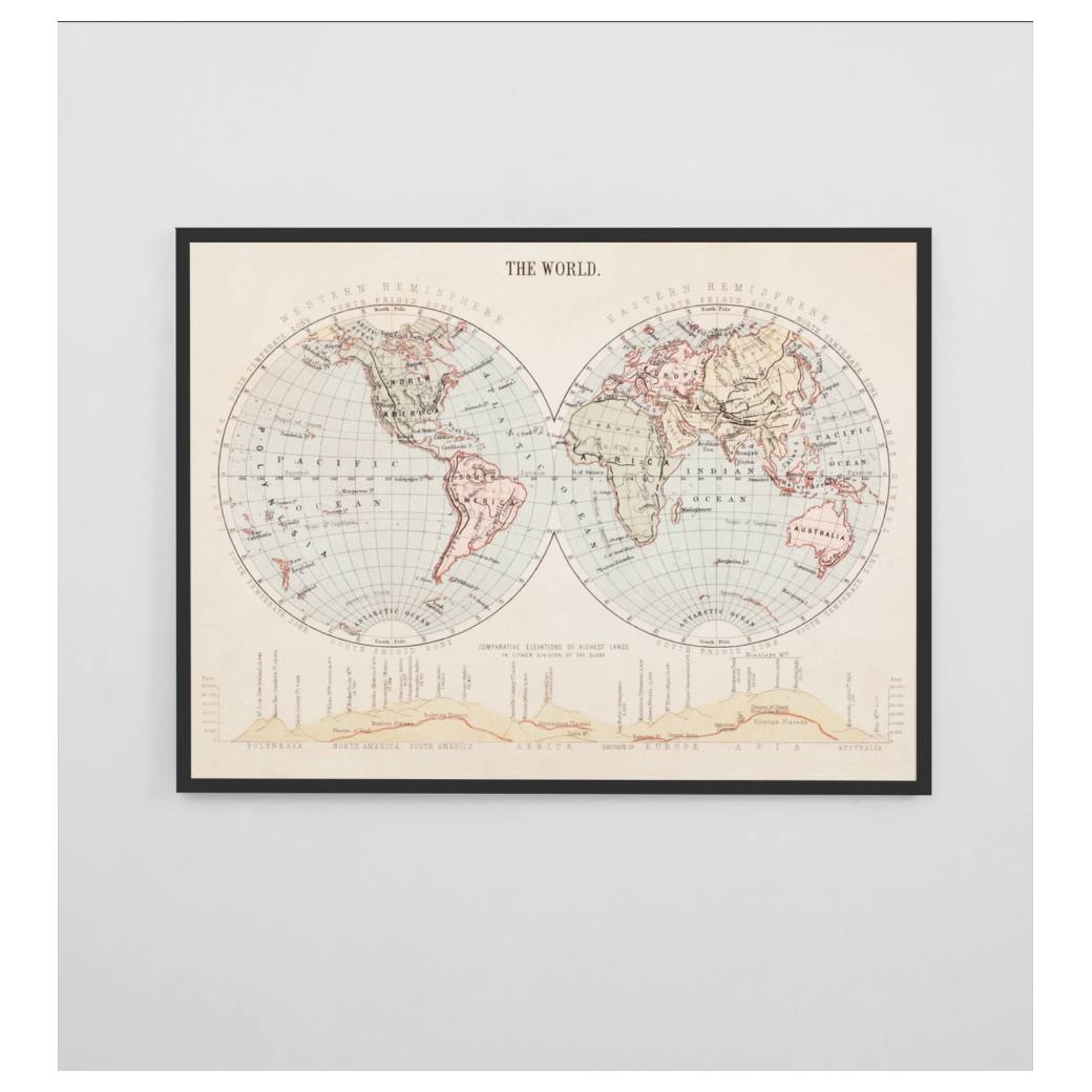 World Hemisphere 1880's Map Print